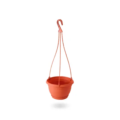 A hanging plant pot with a hook and strings, isolated on a white background.