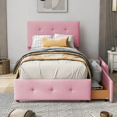 Image de Lit rembourré 90 x 200 cm avec tête de lit réglable en hauteur, lit simple en bois avec deux tiroirs et sommier à lattes, lit d'adolescent en velours, rose