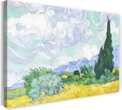 Produktbild von Leinwandbild (100x70cm): Vincent van Gogh - Weizenfeld mit Zypressen, echter Holz-Keilrahmen inkl. Aufhänger, handgefertigt in Deutschland