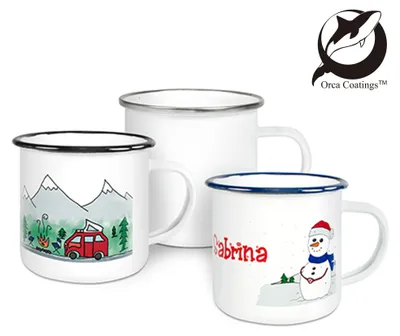 Produktbild von Emailletasse weiß 12oz, mit farbigem Tassenrand, black Orca