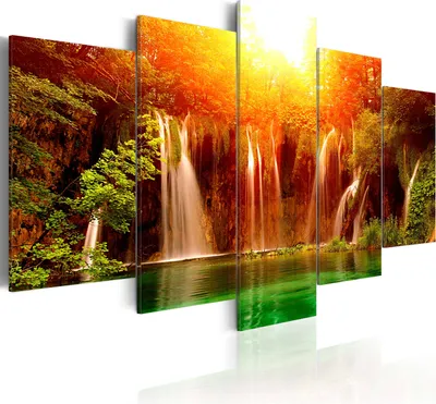 Produktbild von Leinwandbilder Wasserfall 200x100 cm Vlies Leinwandbild 5 tlg Kunstdruck modern Wandbilder XXL Wanddekoration Design Wand Bild - Natur Landschaft Sonnenuntergang Dschungel 9050037
