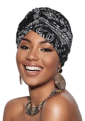 Immagine prodotto di Turban intrecciato per capelli, cuffia per chemio, berretto beanie pre-annodato, sciarpa per capelli, cuffia da notte, colore nero, motivo paisley, materiale: poliestere e cotone, confezione singola