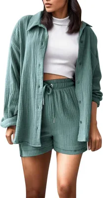 Produktbild von Musselin Baumwoll-Zweiteiler für Damen - Leichtes Sommerhemd und Shorts - Lässiges und Schickes Strand-Outfit - Bequemes Freizeitset für Frauen