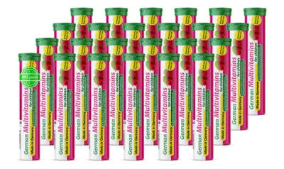 Produktbild von German Multivitamin Brausetabletten Für Kinder 24x20 Stk. - Süßer Himbeergeschmack Zuckerfrei - Vitamin C, E, B1, B2, B6, B12, Folsäure, Niacin – T&D Pharma – Germany