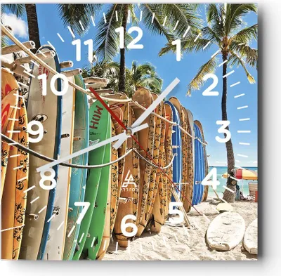Produktbild von Wanduhr - Quadrat - Glasuhr - Board Surfen Strand - 30x30cm - Schleichendes Uhrwerk - Lautlos - zum Aufhängen bereit - Dekoration Modern - Wanddekoration aus Glas - C4AC30x30-4165