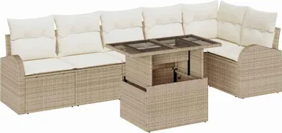Image de Ensemble de canapés de jardin vidaXL, 7 pièces, couleur beige, en polyrotin, capacité de 6 personnes