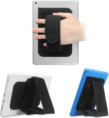 Produktbild von Fintie Handriemen-Halterung für Universal Tablet [Doppelständer] Abnehmbarer, gepolsterter Klett-Griff mit Klebepatch für die Befestigung von Schlaufe für iPad/Samsung und alle 7-11" Tablets,Schwarz