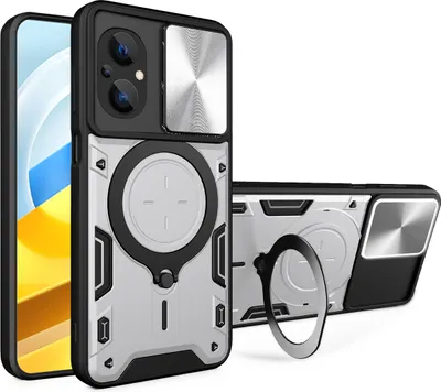 Produktbild von Handyhülle für Xiaomi Poco M5 Dual-Layer Stoßfest Rüstung Hülle mit Dia Kameraschutz und Kreisförmig Ring Ständer Silber