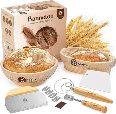 Imagen del producto de Silecomplaza, juego de cestas de fermentación para pan – un juego completo que incluye una cesta de fermentación redonda de 25,4 cm, una pala para pan, una espátula para masa y un inserto de lino – sin olores y sin astillas – perfecto para dar forma al pan de masa madre