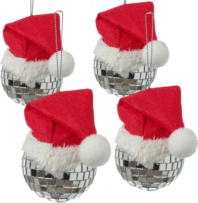 Weihnachtsbaumschmuck DISCOKUGEL mit Nikolausmütze - H: 7cm - silber - 4er Set