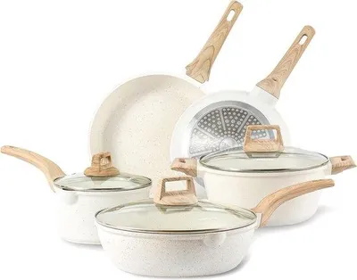 Immagine prodotto di Set di pentole a induzione Unyqoos® da 8 pezzi: padella da 24/28 cm, pentola da 24 cm (4 litri), casseruola con manico da 18 cm (1,7 litri), padella da 28 cm con coperchio, rivestimento antiaderente in granito bianco