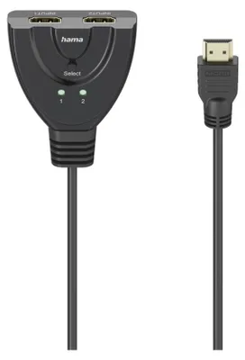 A black HDMI switch with two input ports and one output port, along with an attached HDMI cable and connector.