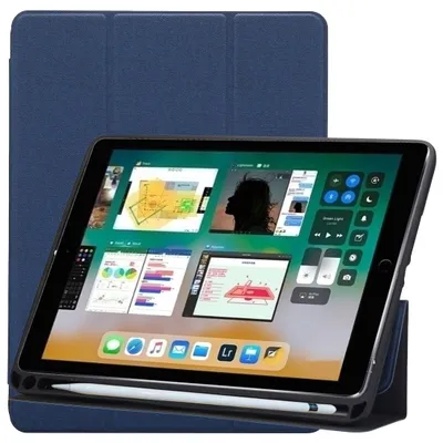 Produktbild von Mobigear Dreifach-Faltetui für iPad 5 (2017), aus TPU und Kunstleder, Klapphülle mit Stifthalter - Dunkelblau