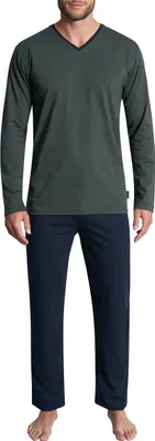Image de TOM TAILOR Pyjama pour homme - pyjama, coton, col en V, logo, uni, long vert/bleu foncé XL