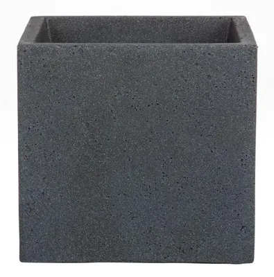 A square, dark gray planter pot with a textured surface, shown from the front against a white background.