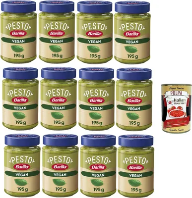 Produktbild von Barilla Pesto Basilico Vegan 12x195g | Glutenfreie Italienische Pasta-Sauce mit Basilikum und Cashewnüssen, vegetarische Nudel-Soße, grünes Pesto + Italian Gourmet polpa 400g
