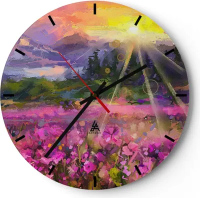 Produktbild von Wanduhr - Rund - Glasuhr - Berge Blumen Blumen - 30x30cm - Schleichendes Uhrwerk - Lautlos - zum Aufhängen bereit - Dekoration Modern - Wanddekoration aus Glas - C3AR30x30-4029