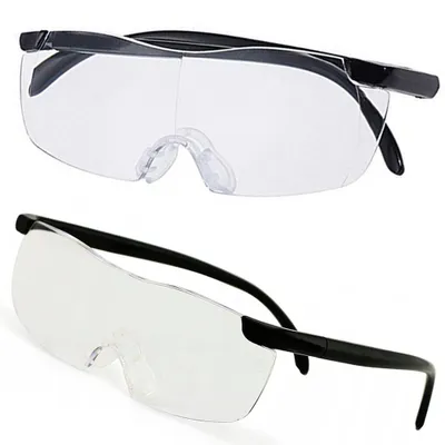 Two views of a pair of magnifying glasses with black frames and clear lenses.