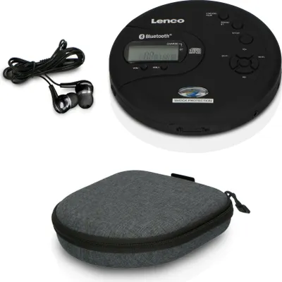 A black portable CD player with earbuds and a gray carrying case are displayed against a white background.