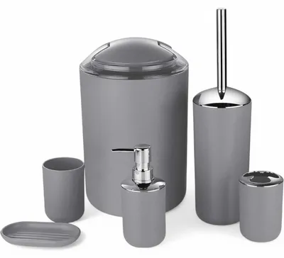 Produktbild von 6tlg Badset Badezimmer Zubehör Set Organizer: (Grau Design 3) Seifenspender, Zahnputzbecher, Kosmetikeimer, WC Bürste, Seifenschale, Mülleimer