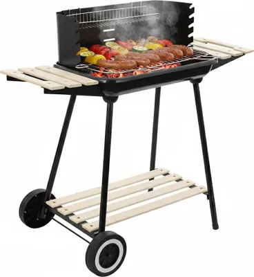 Zdjęcie produktu dla Grill węglowy ogrodowy na kółkach z 3 półkami i rożnem