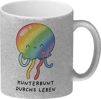 Produktbild von Jelly & Friends Regenbogen-Qualle Glitzer-Kaffeebecher mit Spruch Kunterbunt