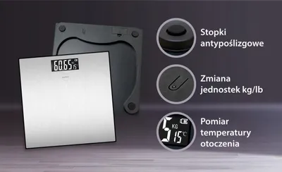 Zdjęcie produktu dla Waga łazienkowa, maksymalne obciążenie 180 kg, wyświetlacz LCD, metalowa obudowa ze szkłem, pomiar temperatury, automatyczne wyłączanie, antypoślizgowa