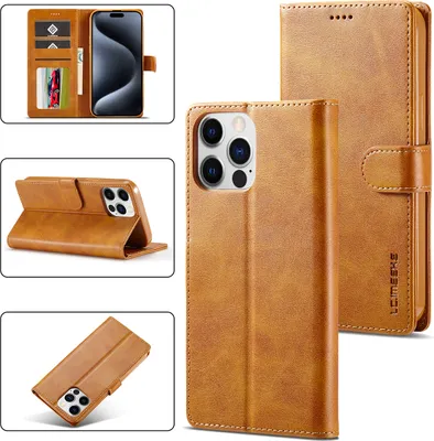 A collage of images showing a brown leather flip case for an iPhone 15 Pro, including views of the open case, closed case, and stand function.