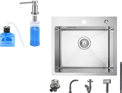 A stainless steel kitchen sink and a soap dispenser with blue liquid are displayed against a white background.