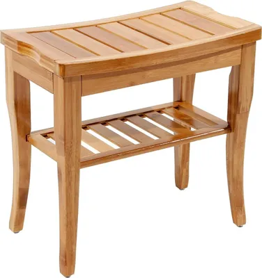 Immagine prodotto di Panca da bagno in bambù con 2 ripiani, sedia per la doccia e porta scarpe, ideale per l'ingresso o il giardino