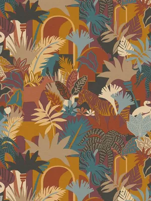 Produktbild von Vliestapete mit Tieren im Dschungelstil – Bunt, Orange, Blau