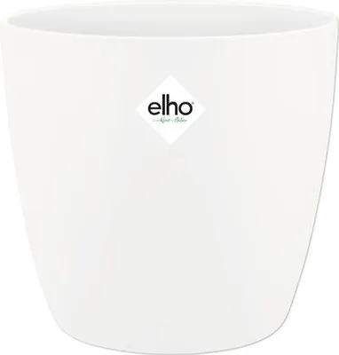 A white plant pot with a logo on it.