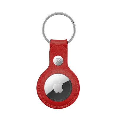 A red leather keychain holder for an Apple AirTag is shown against a white background.
