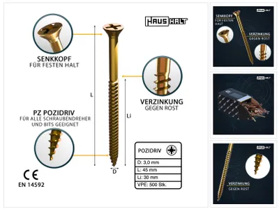 Produktbild von 500x Holzschrauben Schrauben 3 x 45 mm Spanplattenschrauben Kreuzschlitz PZ1