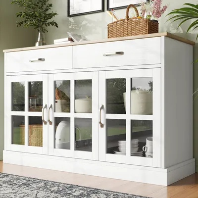 Produktbild von okwish Kuchyňská skříň, Jídelní skříň, Moderní sideboard, Ochrana proti převrhnutí, Vintage skleněná skříň / skříňky s úložným prostorem, bílá