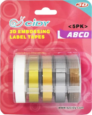 Produktbild von 5er-Pack Ersatz fuer Etikettendrucker-Nachfuellpackungen, 9 mm x 300 cm/Rolle, Nachfuellpackungen fuer Etikettenband mit manueller Praegung, kompatibel mit DYMO 12813/12814/1610/1540/1535/1575/17266