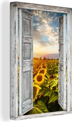 Produktbild von OneMillionCanvasses® - Leinwandbilder - 90x140 cm, Transparent - Sonnenblume - Blumen - Sonne, - Geöffnetes Fenster - Fensterblick Schlafzimmer Kunstdruck Wanddekoration - Foto auf Leinwand - Gemälde auf Holzrahmen  - Wandschmucke - Schlafzimmer