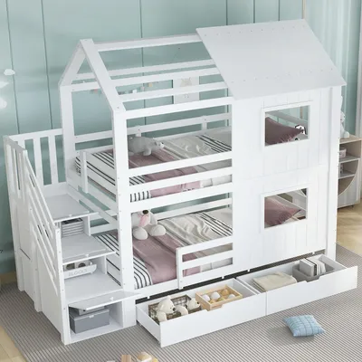 Produktbild von MODFU Etagenbett ohne Matratze 90x200 Stockbett mit Schublade,Bettgestell mit Treppen und Fenster,Jugendbett mit Lattenroste,Weiß