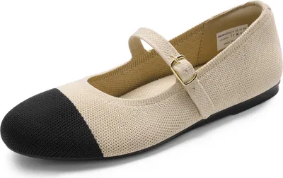 Produktbild von DREAM PAIRS Damen Mary Jane Ballerinas, Elegant, Riemchen Ballerinas Damen, Faltbare Strick-Ballerinas mit Fußgewölbeunterstützung, Bequem für die Freizeit Farbe: NACKT/SCHWARZ Größe:40