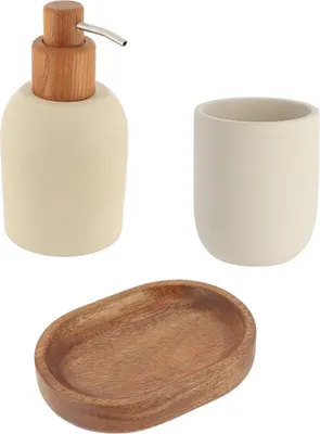Produktbild von Becherset seifenspender und seifenschale aus polyresin zement und runder akazie - beige - Tendance