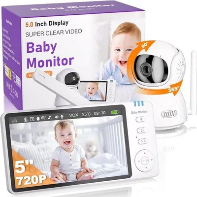 Obrázok produktu pre Detský monitor s HD kamerou – rozsah otáčania 355° – nočné videnie – detekcia pohybu a upozornenie – úložisko na SD kartu až do 128 GB – kompatibilný s Alexa a Google