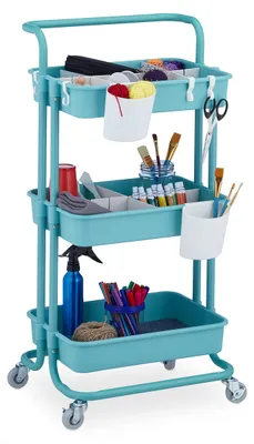 Image de Chariot de service à 3 étages, multifonctionnel, pour les loisirs, le bureau, la salle de bains, la cuisine, H x L x P 86 x 43 x 42 cm, métal et plastique, turquoise, 10042509