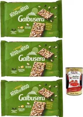Produktbild von Galbusera RisosuRiso Croccantezza Integrale, Krümelige Cracker mit knusprigen Körnern aus 100% italienischem Puffreis, 3x 380g + Italian Gourmet polpa 400g