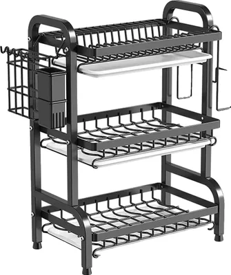 Produktbild von Geschirrabtropfgestell, 3-stöckiges Design, platzsparende Konstruktion, schwarz, 3-stufig