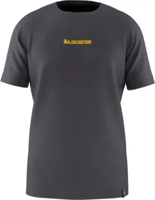 Schwarzes T-Shirt von La Sportiva mit gelbem Logo auf der Vorderseite.