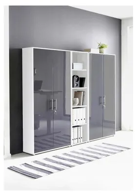 Produktbild von Schrankwand Office Edition abschließbarer Aktenschrank Büroschrank Büromöbel Regal in Weiß/Anthrazit Hochglanz (Set 10)
