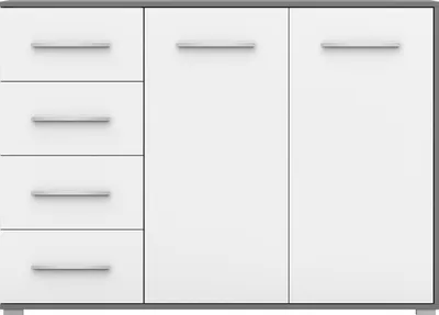 A front view of a white and gray sideboard with drawers and doors.
