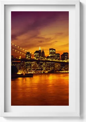 Produktbild von Abendlicher Blick auf die Brooklyn Bridge– Wandbild mit Rahmen – Gerahmtes Bild  – Wanddekoration – 40x60 cm – Weiß