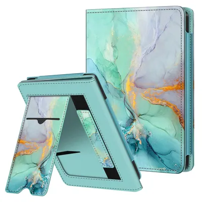 Produktbild von Fintie Hülle für Tolino Shine Color/Shine 5(2024)/Shine 4(2022) & Kobo Clara Colour/Clara BW(2024)/Clara 2E(2022) - Kickstand Hülle mit Kartenfach Handschlaufe und Auto Sleep/Wake, Smaragd Marmor