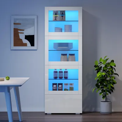 Zdjęcie produktu dla Wystawa szklana, 60 x 40 x 173 cm, 3 drzwi z przezroczystymi panelami akrylowymi, 3 regulowane na wysokość półki szklane, oświetlenie LED sterowane aplikacją, 1 szuflada, front w wysokim połysku, kolor biały